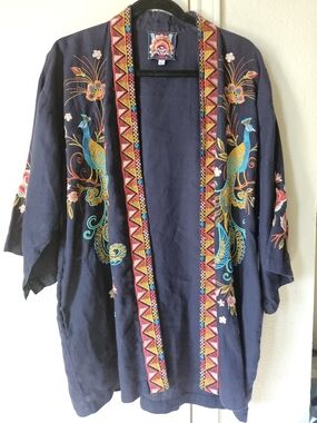 Johnny Was Linen Navy Embroidered Peacock Kimono Jacket